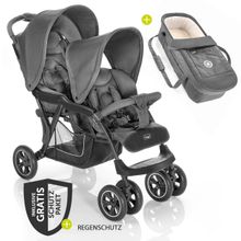 Geschwister & Zwillingskinderwagen Tandem Exklusiv inkl. 3 in 1 Babywanne & Gratis Regenschutz - Linen Dark Grey