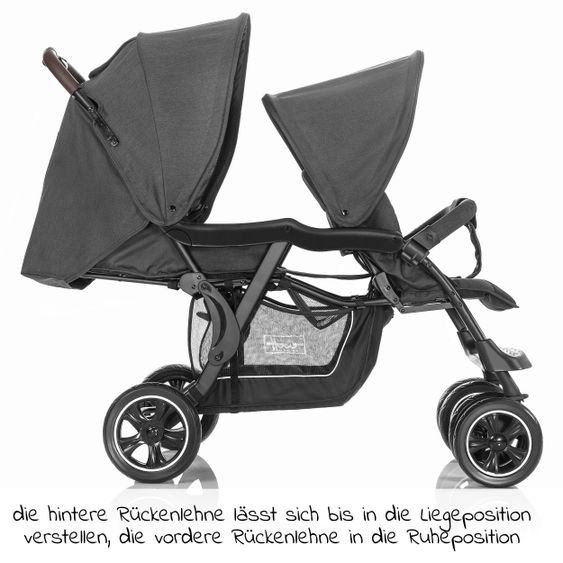 Hoco Geschwister & Zwillingskinderwagen Tandem Exklusiv inkl. 3 in 1 Babywanne & Gratis Regenschutz - Linen Dark Grey