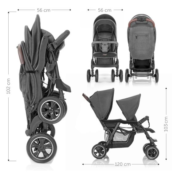 Hoco Geschwister & Zwillingskinderwagen Tandem Exklusiv inkl. 3 in 1 Babywanne & Gratis Regenschutz - Linen Dark Grey