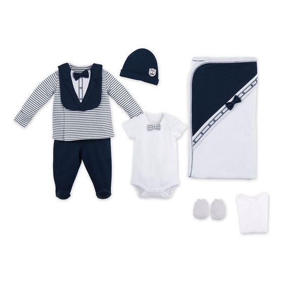idilbaby Erstausstattungsset 8-tlg. - Anzug - Weiß / Dunkelblau - Gr. 0m