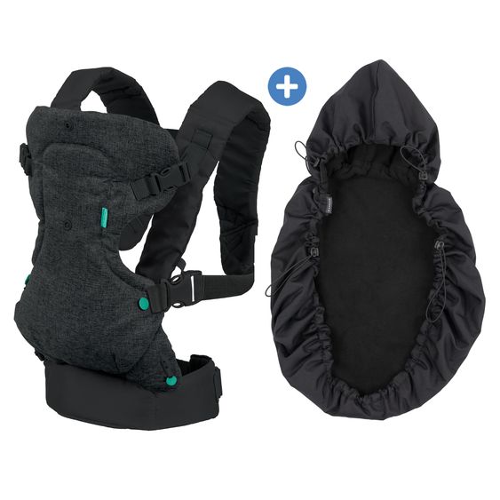 Infantino 4-in-1 Babytrage Flip Advanced mit Regenschutz ab Geburt von 3,6 bis 14,5 kg - Anhock-Spreiz-Haltung, 4 Tragepositionen - Denim
