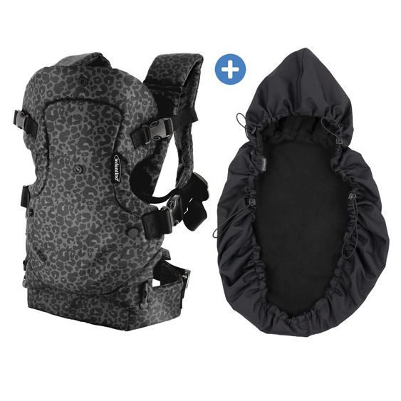 Infantino 4-in-1 Babytrage Flip Advanced mit Regenschutz ab Geburt von 3,6 bis 14,5 kg - Anhock-Spreiz-Haltung, 4 Tragepositionen - Leopard Black Print