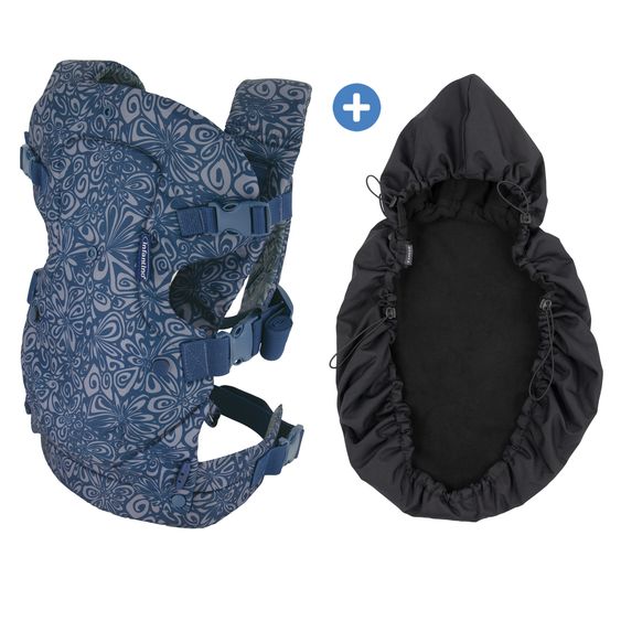 Infantino 4-in-1 Babytrage Flip Advanced mit Regenschutz ab Geburt von 3,6 bis 14,5 kg - Anhock-Spreiz-Haltung, 4 Tragepositionen - Navy Floral
