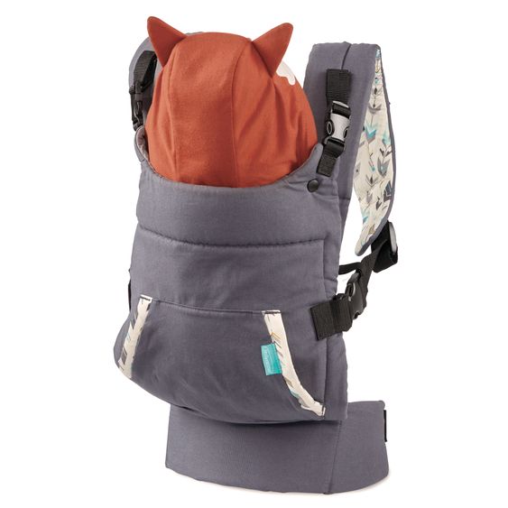 Infantino Babytrage Cuddle Up ab Geburt von 5,4 bis 18,1 kg - Anhock-Spreiz-Haltung, Bauch- , Rückentrageweise mit Kapuze - Fuchs - Grau
