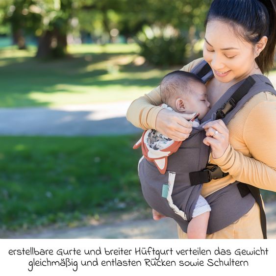 Infantino Babytrage Cuddle Up ab Geburt von 5,4 bis 18,1 kg - Anhock-Spreiz-Haltung, Bauch- , Rückentrageweise mit Kapuze - Fuchs - Grau