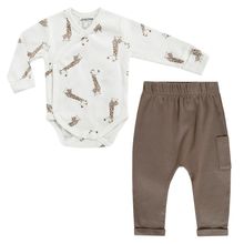 2-tlg. Set Wickelbody & Jogginghose - Giraffe Allover - Mokka Offwhite - Gr. 68