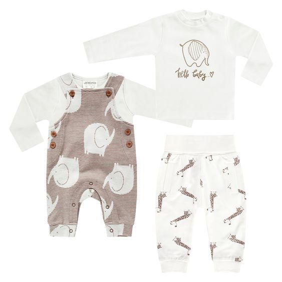 Jacky 4-tlg. Set Strampler, Langarmshirt & Jogginghose - Giraffe & Elefant - Offwhite Mokka - Gr. 62
