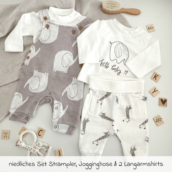 Jacky 4-tlg. Set Strampler, Langarmshirt & Jogginghose - Giraffe & Elefant - Offwhite Mokka - Gr. 62