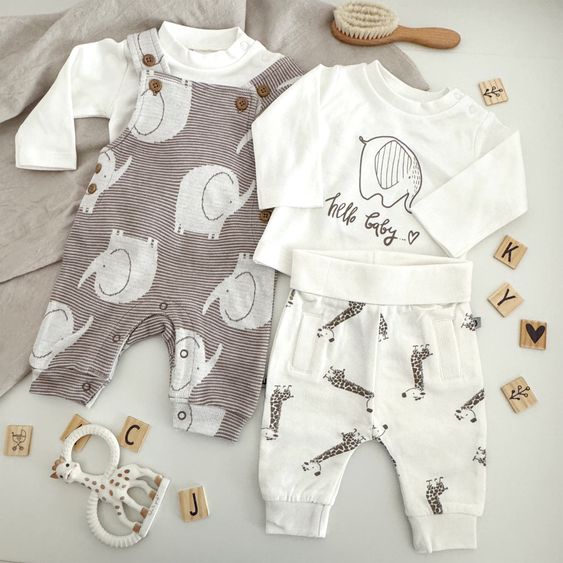 Jacky 4-tlg. Set Strampler, Langarmshirt & Jogginghose - Giraffe & Elefant - Offwhite Mokka - Gr. 62