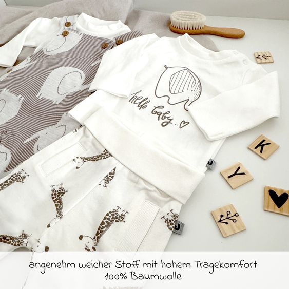 Jacky 4-tlg. Set Strampler, Langarmshirt & Jogginghose - Giraffe & Elefant - Offwhite Mokka - Gr. 62