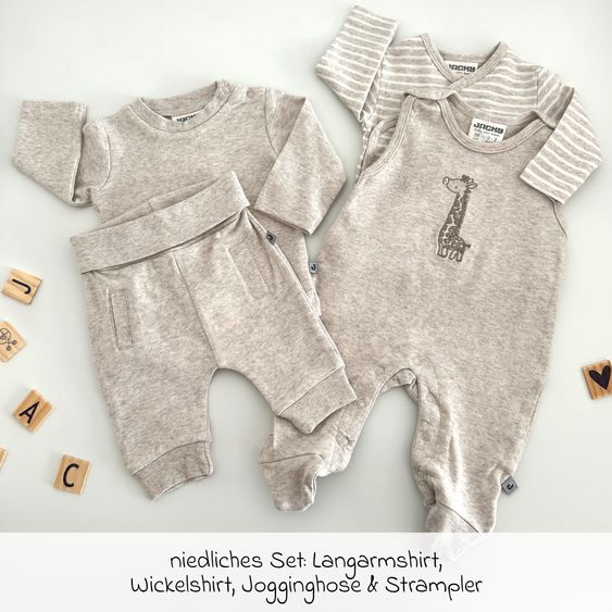Jacky 4-tlg. Set Strampler, Langarmshirt, Wickelshirt & Jogginghose - Beige Melange - Gr. 62