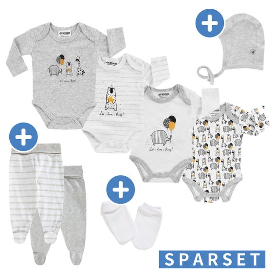 Jacky 8-tlg. Body Set inkl. Strampelhosen, Erstlingsmütze & Kratzfäustlinge - Let's have a Party - Grau Weiß - Gr. 62/68