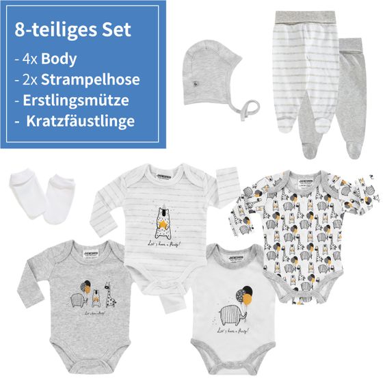 Jacky 8-tlg. Body Set inkl. Strampelhosen, Erstlingsmütze & Kratzfäustlinge - Let's have a Party - Grau Weiß - Gr. 62/68