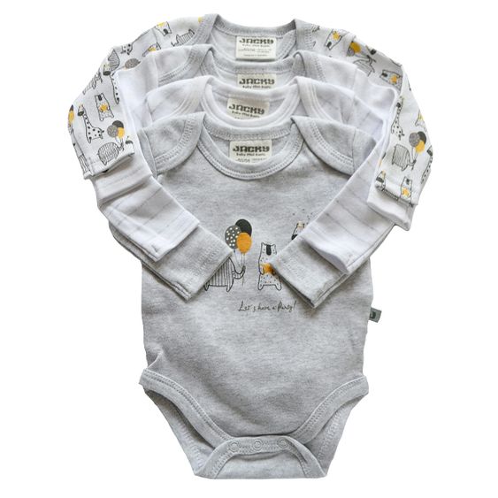 Jacky 8-tlg. Body Set inkl. Strampelhosen, Erstlingsmütze & Kratzfäustlinge - Let's have a Party - Grau Weiß - Gr. 62/68