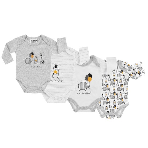 Jacky 8-tlg. Body Set inkl. Strampelhosen, Erstlingsmütze & Kratzfäustlinge - Let's have a Party - Grau Weiß - Gr. 62/68
