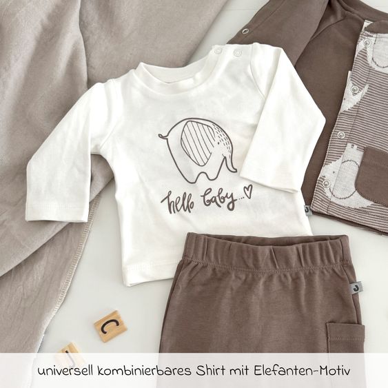 Jacky 8-tlg. Set Strickjacke, 2x Strampler, 2x Langarmshirt, Wickelbody, Jogginghose & Schlafanzug - Giraffe & Elefant - Offwhite Mokka - Gr. 56