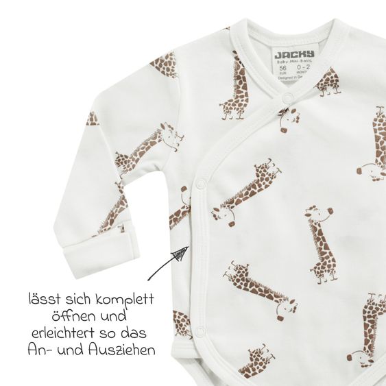 Jacky 8-tlg. Set Strickjacke, 2x Strampler, 2x Langarmshirt, Wickelbody, Jogginghose & Schlafanzug - Giraffe & Elefant - Offwhite Mokka - Gr. 56