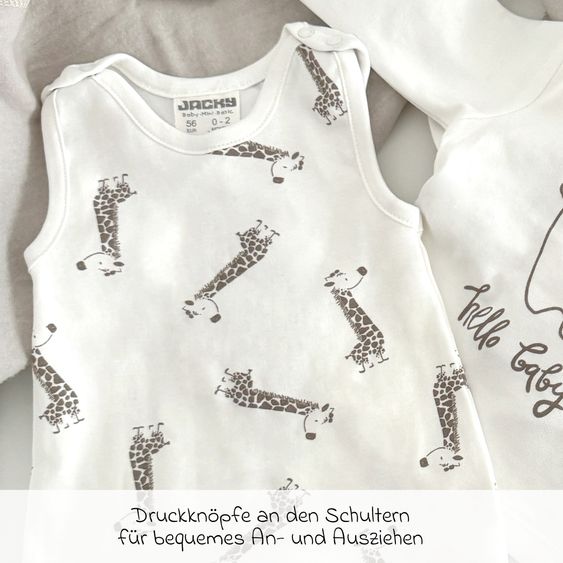 Jacky 8-tlg. Set Strickjacke, 2x Strampler, 2x Langarmshirt, Wickelbody, Jogginghose & Schlafanzug - Giraffe & Elefant - Offwhite Mokka - Gr. 56