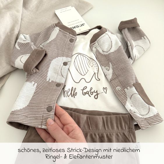 Jacky 8-tlg. Set Strickjacke, 2x Strampler, 2x Langarmshirt, Wickelbody, Jogginghose & Schlafanzug - Giraffe & Elefant - Offwhite Mokka - Gr. 56