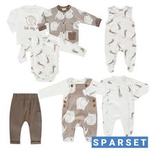 8-tlg. Set Strickjacke, 2x Strampler, 2x Langarmshirt, Wickelbody, Jogginghose & Schlafanzug - Giraffe & Elefant - Offwhite Mokka - Gr. 68