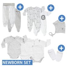 9-tlg. Wickelbody Set inkl. Strampelhosen, Schlafanzügen, Erstlingsmütze & Kratzfäustlinge - Grau Weiß - Gr. 56