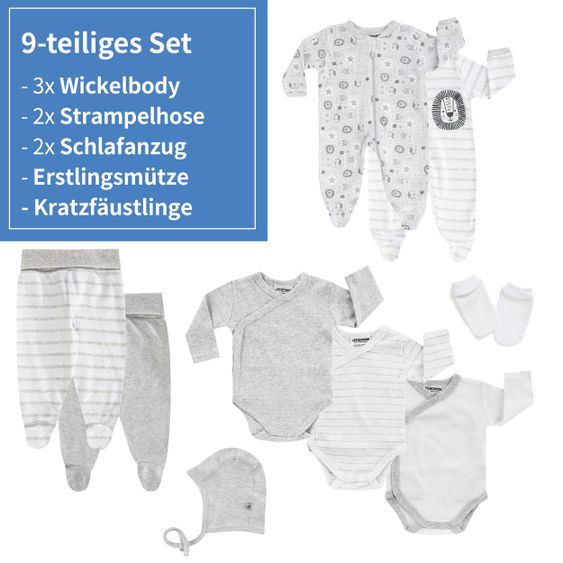 Jacky Set da 9 pezzi con tutine, tutine, primo cappello e guantini - Grigio Bianco - Taglia 56