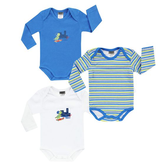 Jacky Body Langarm 3er Pack - Baby Dino Blau Weiß - Gr. 50/56