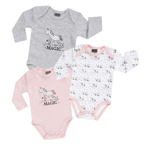Jacky Body Langarm 3er Pack - Einhorn Rosa Grau Weiß - Gr. 50/56