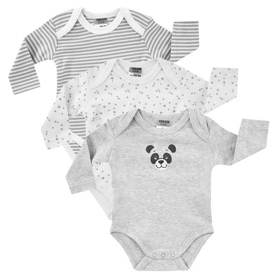 Jacky Body Langarm 3er Pack - Panda Grau Melange Weiß - Gr. 50/56