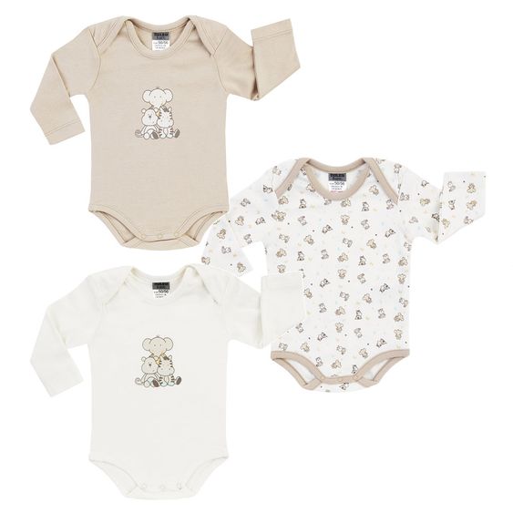 Jacky Body Langarm 3er Pack - Tierkinder Beige Offwhite - Gr. 74/80