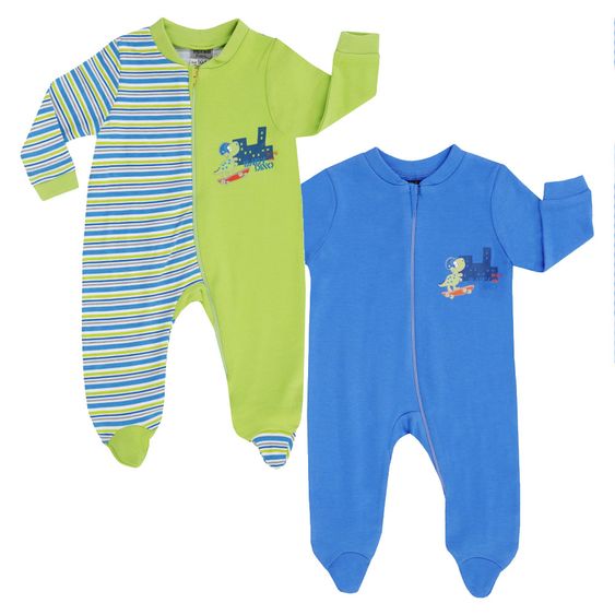 Jacky Schlafanzug Einteiler 2er Pack - Baby Dino Blau Grün - Gr. 50/56