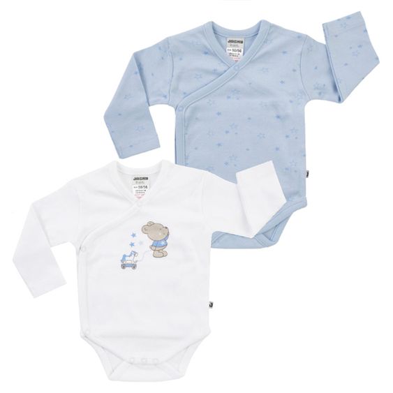 Jacky Wickelbody Langarm 2er Pack - Little Teddy Hellblau Weiß - Gr. 50/56