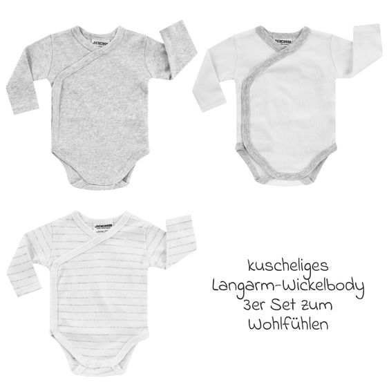 Jacky Wickelbody Langarm 3er Pack - Grau Melange, Ringel & Offwhite - Gr. 50/56