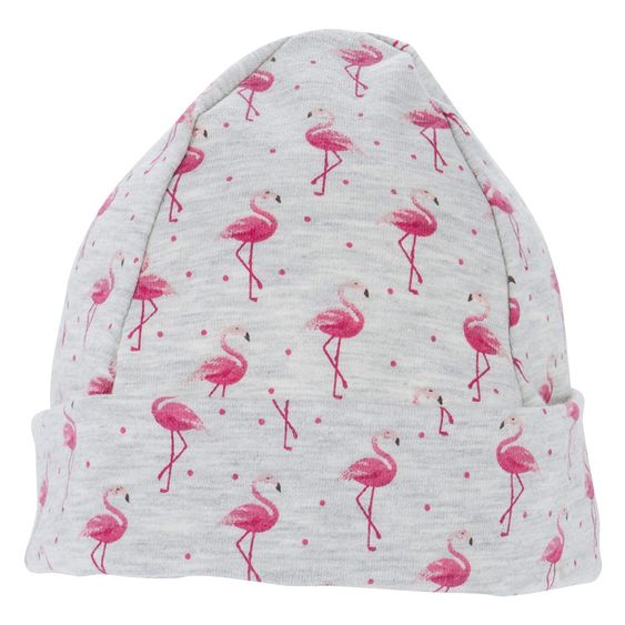 Jacobs Babymoden Mütze mit Umschlag - Flamingos Grau Pink - Gr. 38/40