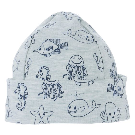 Jacobs Babymoden Mütze mit Umschlag - Meerestiere Grau Marine - Gr. 38/40