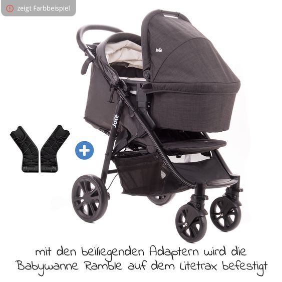 Joie Signature 2in1 Kombi-Kinderwagen-Set Litetrax bis 22 kg belastbar mit Schieber-Ablagefach, Babywanne Ramble, Adapter & Zubehör Paket - Pebble