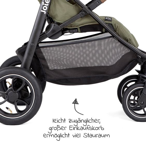 joie 2in1 Kombi-Kinderwagen-Set Litetrax Pro Air bis 22 kg belastbar mit Luftreifen und Kinderwagenkette & Ring-Greifling - Schieber-Ablagefach, Babywanne Ramble, Adapter & Zubehörpaket - Rosemary