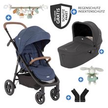 2in1 Kombi-Kinderwagen-Set Mytrax Pro bis 22 kg belastbar mit Kinderwagenkette & Ring-Greifling - Teleskopschieber, Getränkehalter, Babywanne Ramble, Adapter & Zubehörpaket - Blueberry