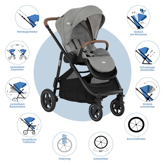 joie 2in1 Kombi-Kinderwagen-Set Versatrax bis 22 kg belastbar mit Babywanne Ramble XL, Adapter & Zubehörpaket - Pebble