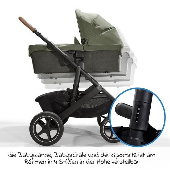 Joie Signature 2in1 Kombi-Kinderwagen-Set Vinca bis 22 kg belastbar mit Kinderwagenkette & Ring-Greifling - Teleskopschieber, Sitzeinheit, Babywanne Ramble XL, Adapter & Zubehörpaket - Signature - Pine