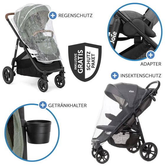 joie 2in1 Kombi-Kinderwagen-Set Versatrax bis 22 kg belastbar mit Babywanne Ramble XL, Schnullerkette, Adapter & Zubehörpaket - Laurel