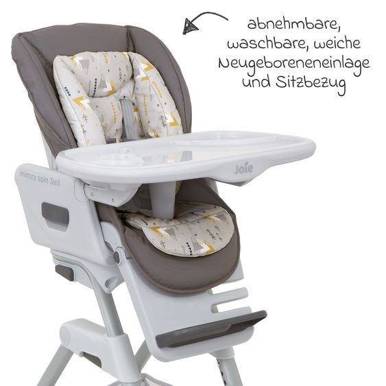 joie 3in1 Hochstuhl Mimzy Spin 3in1 ab Geburt nutzbar mit 360° drehbarem Sitz, flache Liegeposition, Tablett und Snacktablett - Geometric Mountain