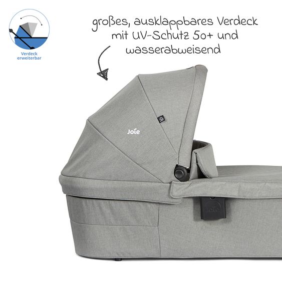 joie 3in1 Kombi-Kinderwagen-Set Litetrax bis 22 kg belastbar mit Schieber-Ablagefach, Babyschale SnugLite, Babywanne Ramble XL, Adapter & Zubehörpaket - Pebble