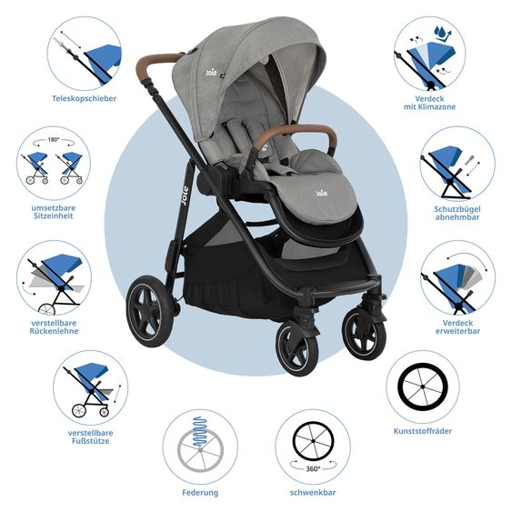 joie 3in1 Kombi-Kinderwagen-Set Versatrax bis 22 kg belastbar mit Babywanne Ramble XL, Babyschale SnugLite, Adapter & Zubehörpaket - Pebble