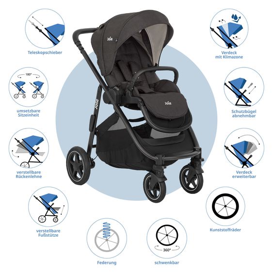 joie 3in1 Kombi-Kinderwagen-Set Versatrax bis 22 kg belastbar mit Babywanne Ramble XL, Babyschale SnugLite, Adapter & Zubehörpaket - Shale