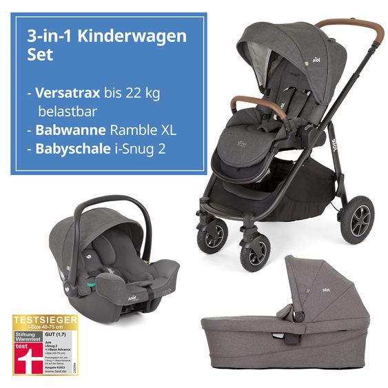 joie 3in1 Kombi-Kinderwagen-Set Versatrax bis 22 kg belastbar - umsetzbare Sitzeinheit, Babywanne Ramble XL, Babyschale i-Snug 2 & Adapter - Cycle Collection - Shell Gray