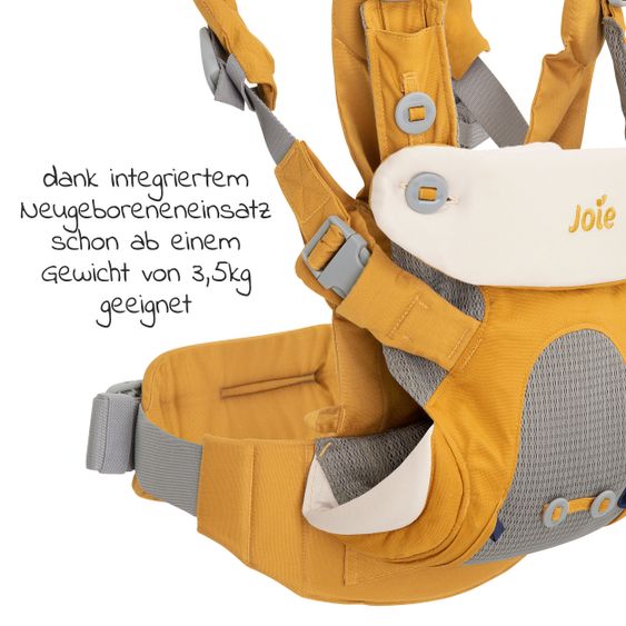 joie 4in1 Babytrage Savvy für Neugeborene ab 3,5 kg bis 16 kg einsetzbar mit 4 Tragepositionen inkl. Zubehör - Butterscotch