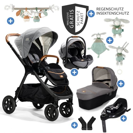 Joie Signature 4in1 Kombi-Kinderwagen-Set Finiti bis 22 kg belastbar mit Liegeposition, Kinderwagenkette, Greifling, Spieluhr, Babyschale - Teleskopschieber, Sportsitz, Babywanne Ramble XL, Babyschale, Adapter & Zubehörpaket - Signature - Carbon