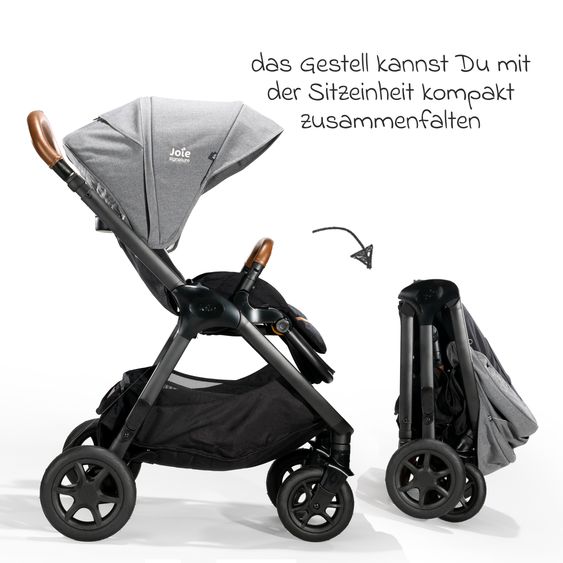 Joie Signature 4in1 Kombi-Kinderwagen-Set Finiti bis 22 kg belastbar mit Liegeposition, Kinderwagenkette, Greifling, Spieluhr, Babyschale - Teleskopschieber, Sportsitz, Babywanne Ramble XL, Babyschale, Adapter & Zubehörpaket - Signature - Carbon