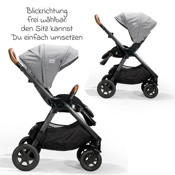 Joie Signature 4in1 Kombi-Kinderwagen-Set Finiti bis 22 kg belastbar mit Liegeposition, Kinderwagenkette, Greifling, Spieluhr, Babyschale - Teleskopschieber, Sportsitz, Babywanne Ramble XL, Babyschale, Adapter & Zubehörpaket - Signature - Carbon